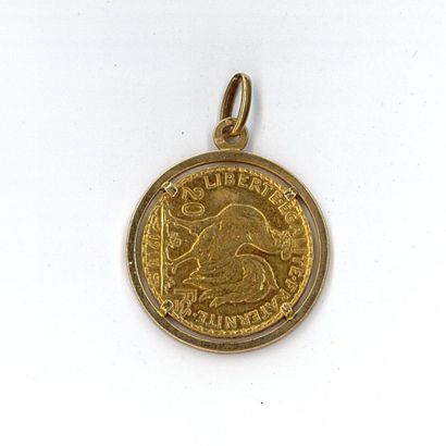 Gold pendant holding a gold coin: 20 FF coq...