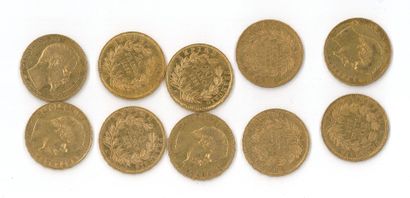 10 gold coins : 20 FF Napoléon III bare head...