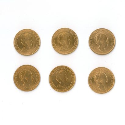 6 monnaies or : 10 florins Pays-Bas, Wilhelmina...
