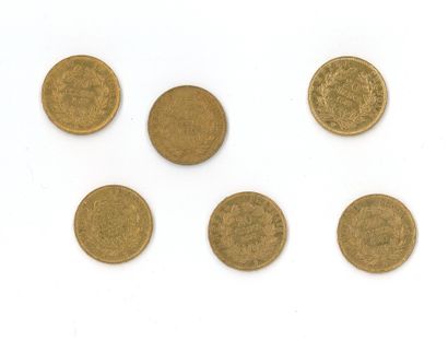 6 gold coins : 20 FF Napoléon III bare head...