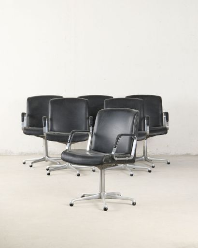 Set of six office chairs with chrome bases,...