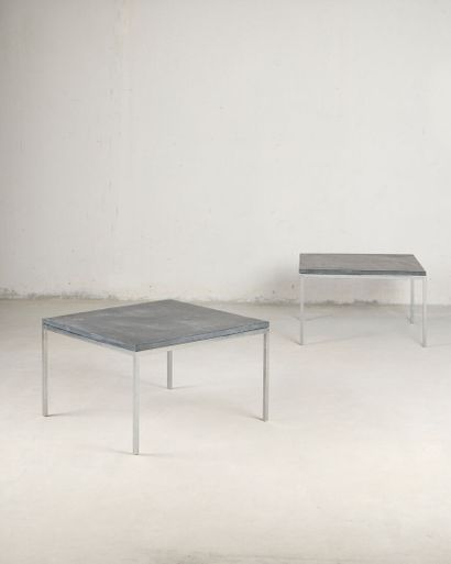 Pair of square coffee tables, slate tops,...
