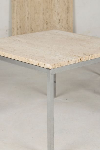 Pair of square coffee tables, travertine...