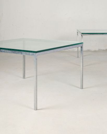 Pair of square coffee tables, glass tops,...
