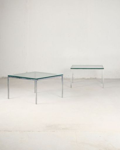 Pair of square coffee tables, glass tops,...