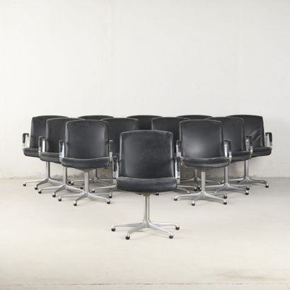 Set of twelve office chairs with chrome bases,...