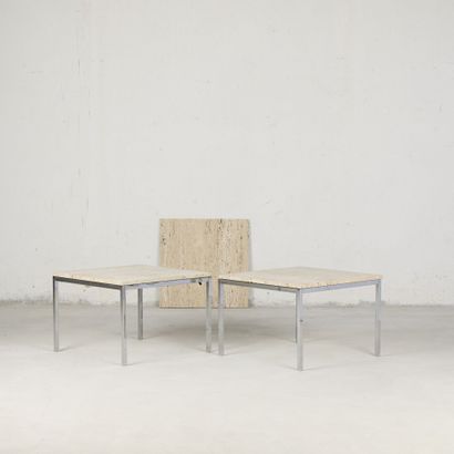 Pair of square coffee tables, travertine...