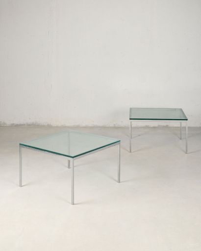 Pair of square coffee tables, glass tops,...