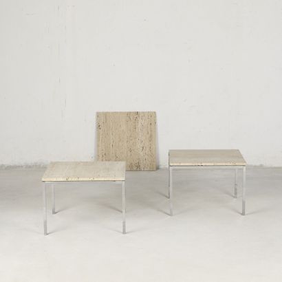 Pair of square coffee tables, travertine...