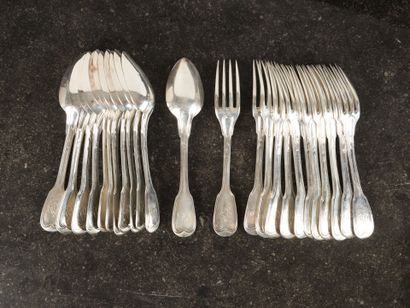 12 cuillers et 12 fourchettes en argent à...