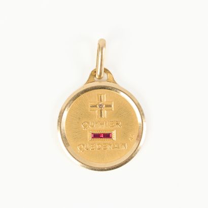 Gold love medal set with a diamond and small...