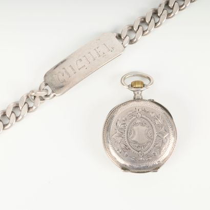 Silver collar watch. Enameled dial with Arabic...