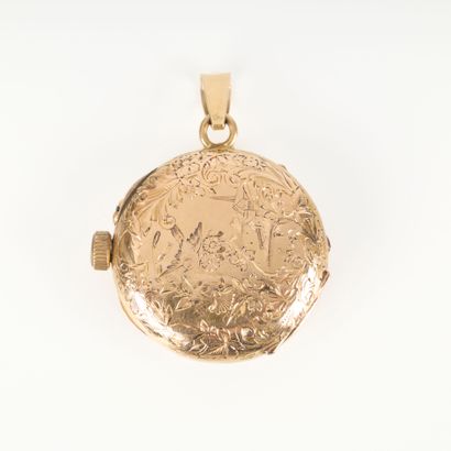 Gold collar watch with landscape design surrounded...