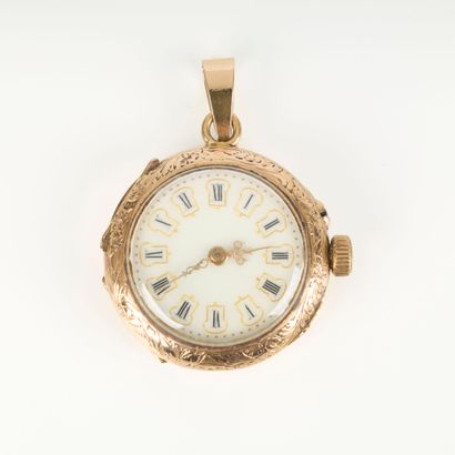 Gold collar watch with landscape design surrounded...