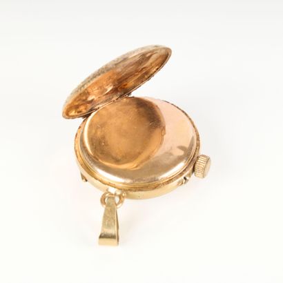 Gold collar watch with landscape design surrounded...