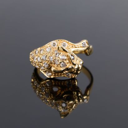 Gold panther ring set with white and blue...