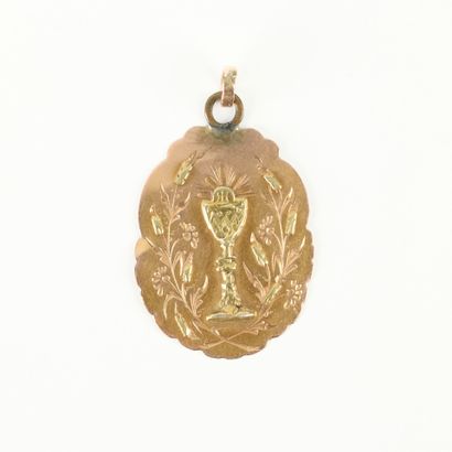 Gold and metal medal decorated with a chalice...