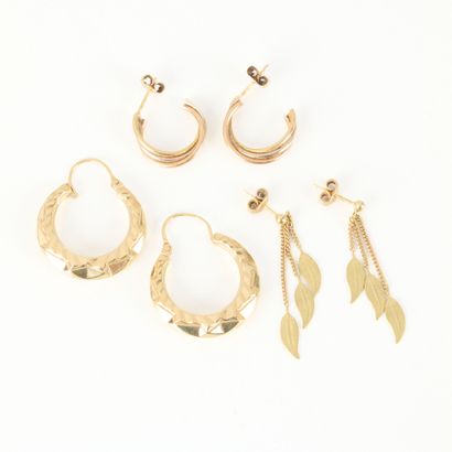 3 pairs of gold earrings: faceted hoop earrings,...