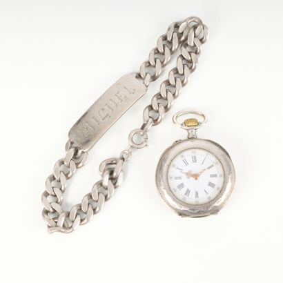 Silver collar watch. Enameled dial with Arabic...