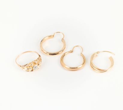 3 gold creoles and gold art deco ring set...