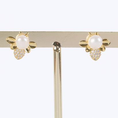 Pair of gilded metal, bee-shaped ear studs...