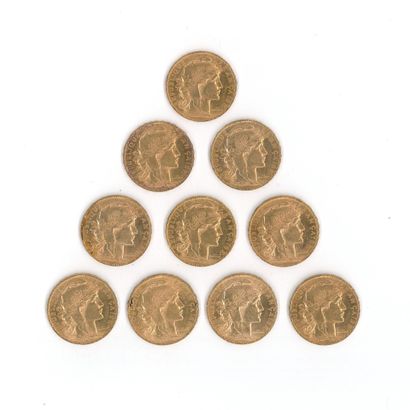 10 gold coins : 20 FF Coq 1908