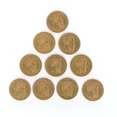 10 gold coins: 20 F Belgium Leopold II (1869...