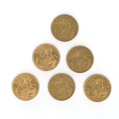 6 gold coins: sovereigns from 1904, 1909,...