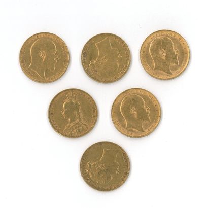 6 gold coins: sovereigns from 1904, 1909,...