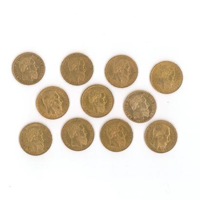 11 gold coins: 20 F Belgium Leopold II (1868...