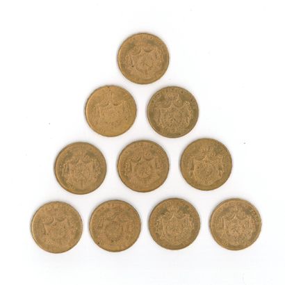 10 gold coins: 20 F Belgium Leopold II (1869...
