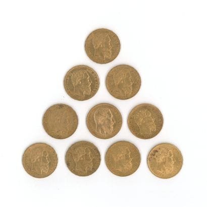 10 gold coins: 20 F Belgium Leopold II (1867...