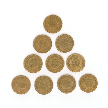 10 gold coins, 20 FF, Napoleon III, bareheaded,...