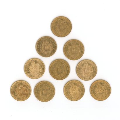 10 gold coins: 20 FF Napoleon III with laurel...