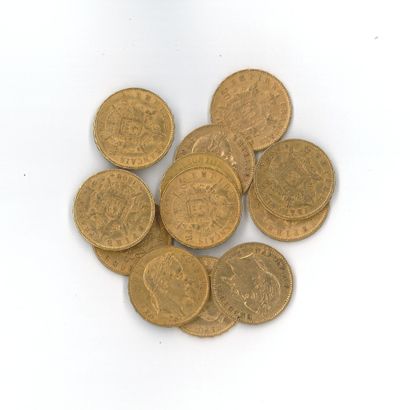 12 gold coins: 20 FF Napoleon III with laurel...