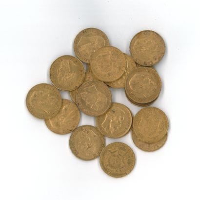 20 gold coins: 20 Belgian francs, Leopold...
