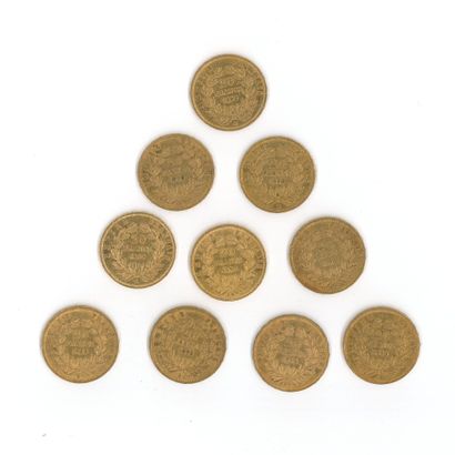 10 gold coins: 20 FF Napoleon III bare-headed,...