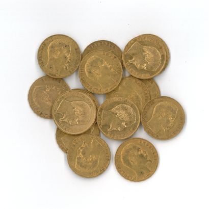 15 gold coins: 20 FF Napoleon III bareheaded...
