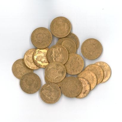 20 gold coins: 20 Belgian francs, Leopold...