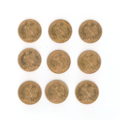 9 gold coins: 20 FF Rooster, 1910