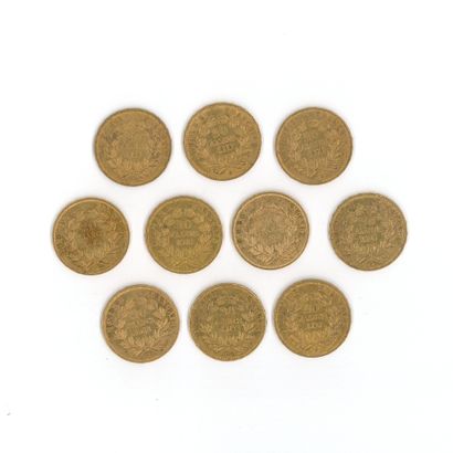 10 gold coins: 20 FF Napoleon III bareheaded,...