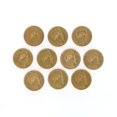 10 gold coins: 20 FF Napoleon III bareheaded,...