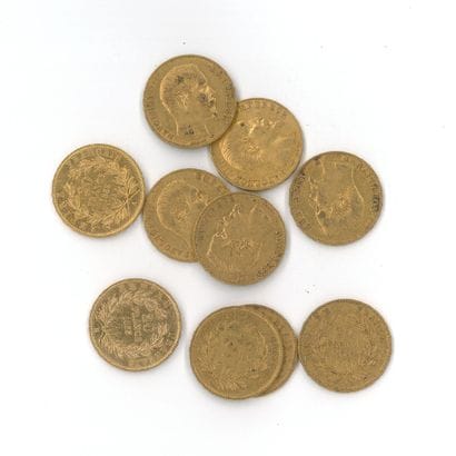 10 gold coins: 20 FF Napoleon III bareheaded...