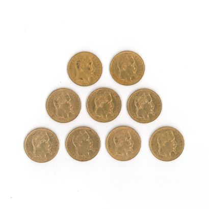 9 gold coins: 20 FF Napoleon III with laurel...