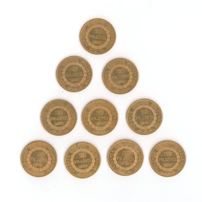 10 gold coins: 20 FF Génie (1893 A × 9, 1895...