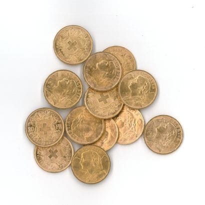 13 gold coins: 20 Swiss francs (1927 x 6,...