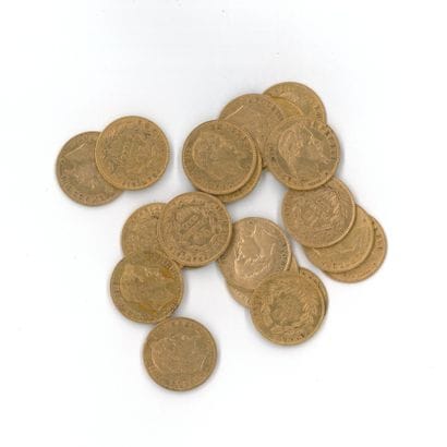 20 gold coins: 10 FF Napoleon III with laurel...