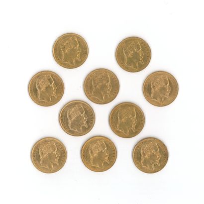 10 gold coins: 20 FF Napoleon III with laurel...