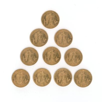 10 gold coins: 20 FF Génie (1893 A × 9, 1895...