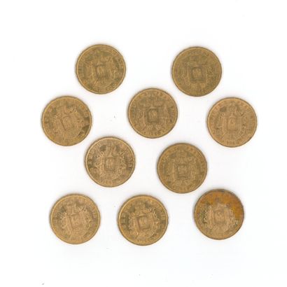 10 gold coins: 20 FF Napoleon III with laurel...